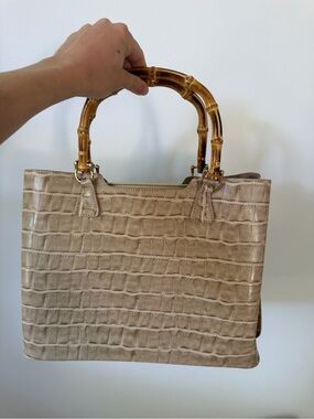 New Beige Croc-Embossed Bamboo Handle Tote - Women Bags